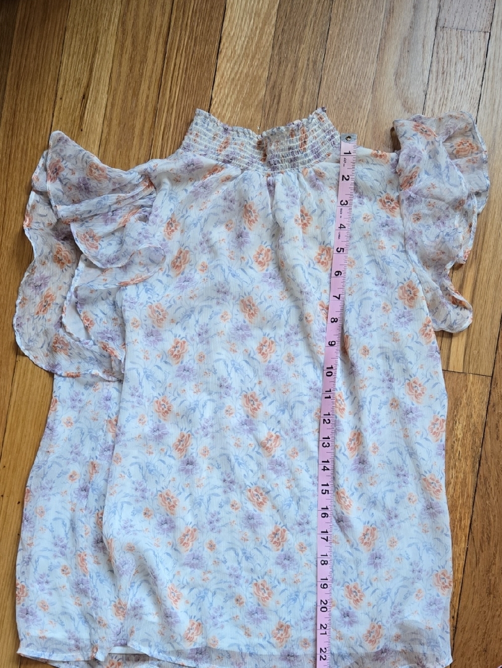 1.STATE Pastel Floral Smocked Top in Light Blue, Purple, and Peach. Ruffled Cap